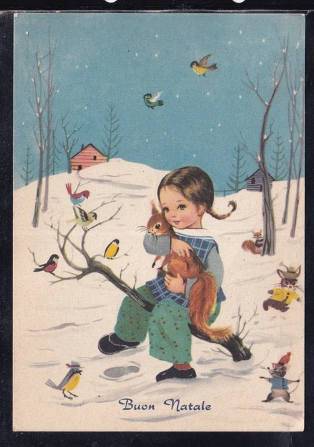 Cartolina Buon Natale Bambina Scoiattolo Topolini Uccellini Z1347