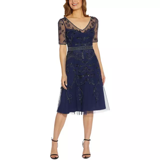 Adrianna Papell Womens Navy Embellished Midi Sheath Dress 12 BHFO 9179