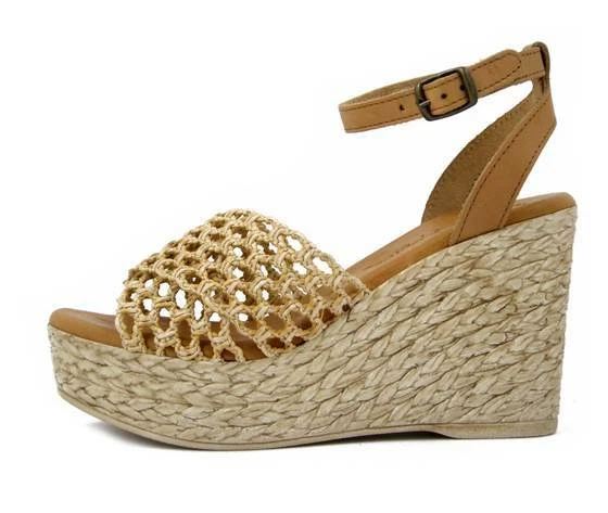 Sandales Femmes Confortable Cuir et Tissu Beige Compensé Haute et le Plateau