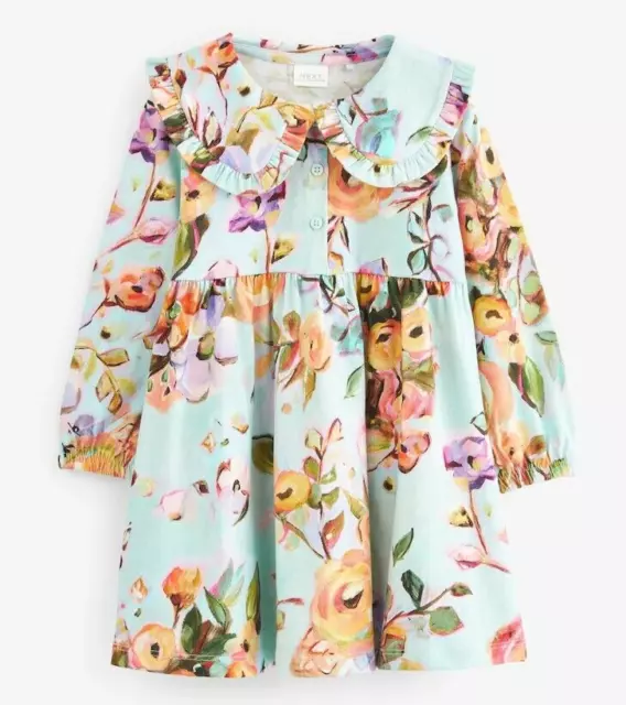 NEXT Girls 3-4 Blue Floral Long Sleeve Tea Dress NEW Frill Pleated Toddler