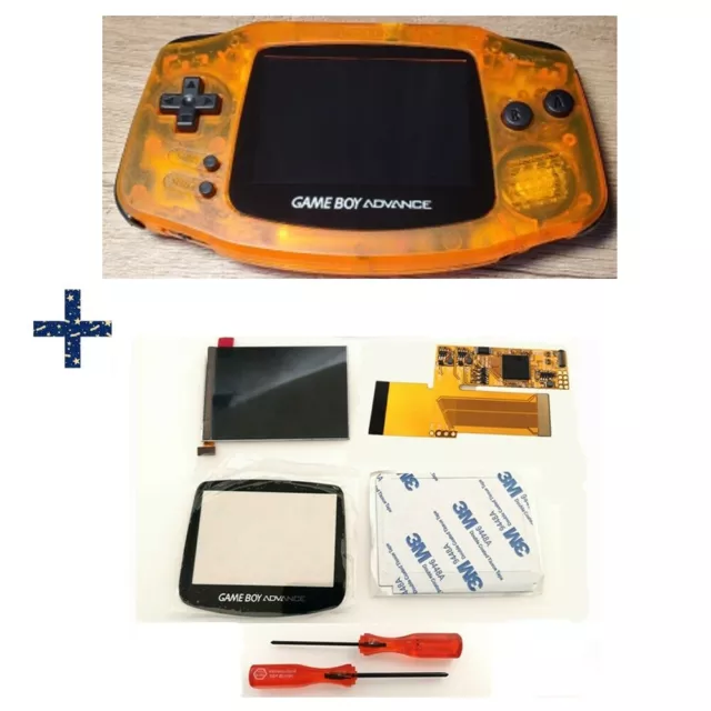 GBA IPS V2 Screen mod For Game Boy Advance w/Clear Orange shell +Black button