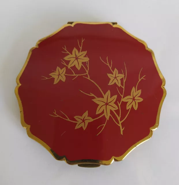 Vintage Stratton Gold Tone Red Enamel Floral Queen Powder Compact  