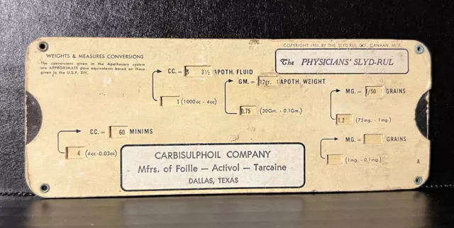VTG 1951 Physicians Slyd Rul Weights & Measures Conversion Slide Rule Medical Ad