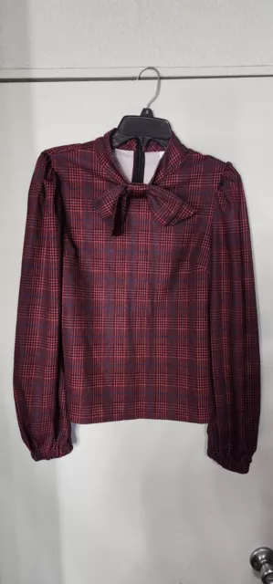 Women's Romwe Bow Tie Neck Long Sleeve Plaid Burgundy Medium Blouse Top Shirt