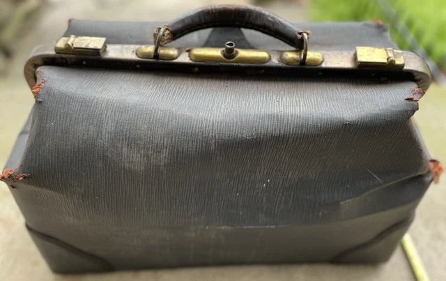 Vintage Antique Black Leather Cowhide Doctor’s Bag Case Physician Medical Decor