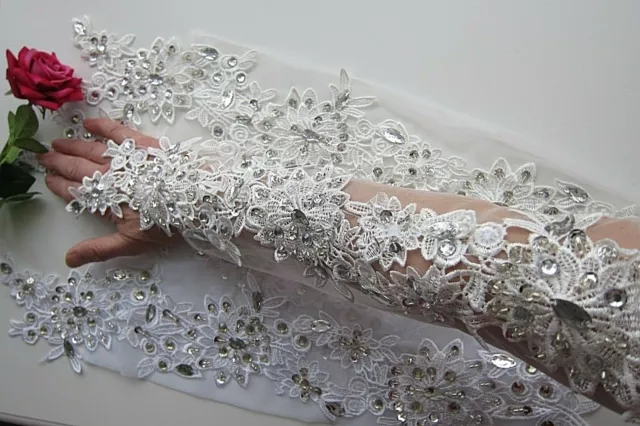 Long Lacey + Rhinestone Gloves White Off White for Bridal Prom Cocktail Gloves