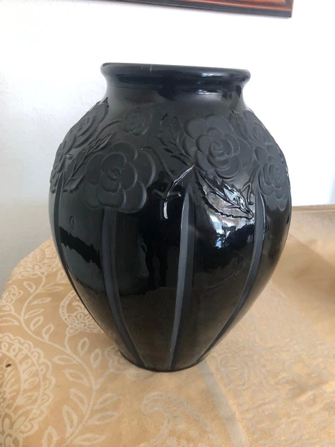 Vintage Vase Noir verre Motif Grue ou cigogne oiseaux Art