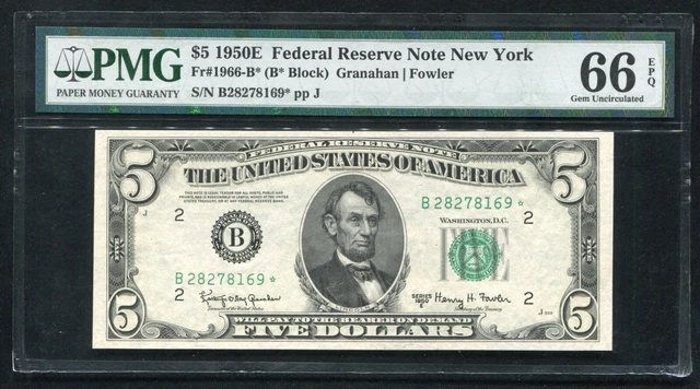 Fr. 1966-B* 1950-E $5 *Star* Federal Reserve Note New York, Ny Pmg Gem Unc-66Epq