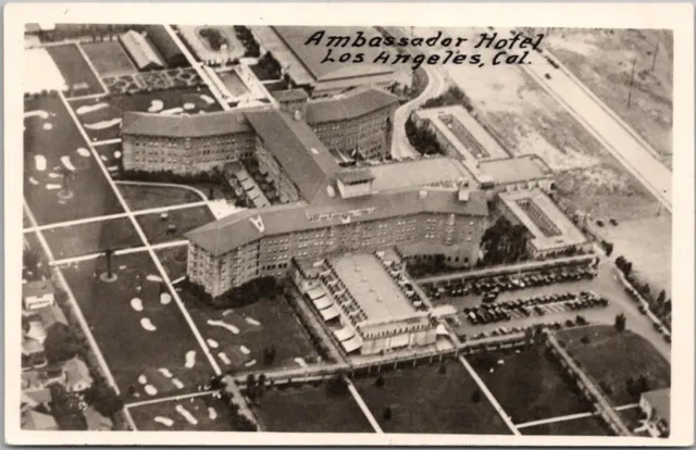 Vintage 1940s LOS ANGELES California Postcard AMBASSADOR HOTEL Aerial View