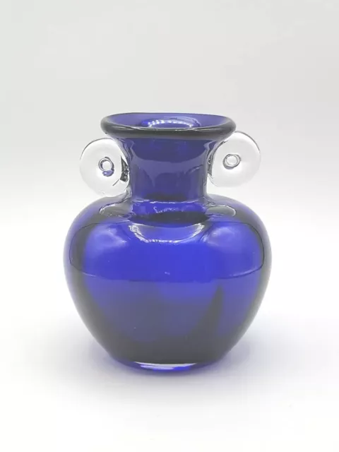 Studio Art Glass Cobalt Blue Bud Vase Clear Glass Applied  Swirl Handles 5" Tall