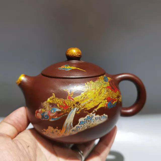 Chinese Yixing Purple Clay Teapot Zisha Ceramic Painted Dragon Teaware Exquisite