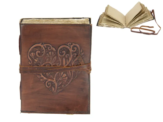 Leather Journal with Embossed Heart Design Brown 20x16cm (8x6") Antique Paper