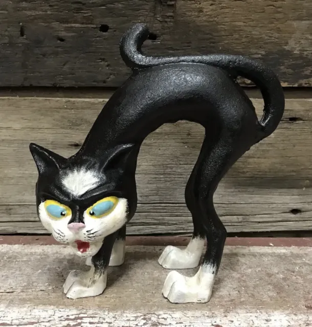 Black Cat Scaredy Cat Cast Iron Halloween Figurine Door Stop, 7.5” x 7”