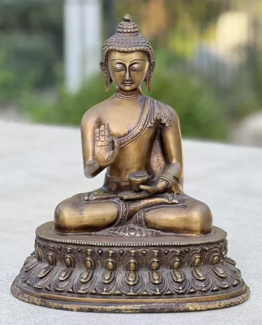 Blessing Buddha Statue Solid Antique Brass Home Altar Shrine 10 inches Tall