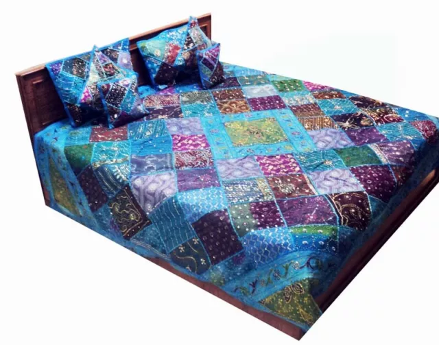 7 Pc Ethnic Sequin Beaded Art Sari Blanket Quilt Coverlet Bedspread Throw Duvet