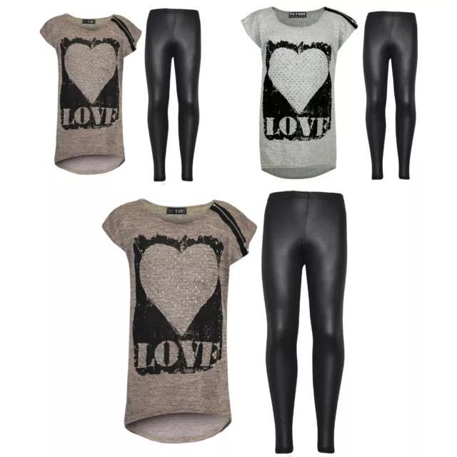 Kids Girls LOVE Printed Top & Stylish Fashion Wetlook Legging Set Age 7-13 Years