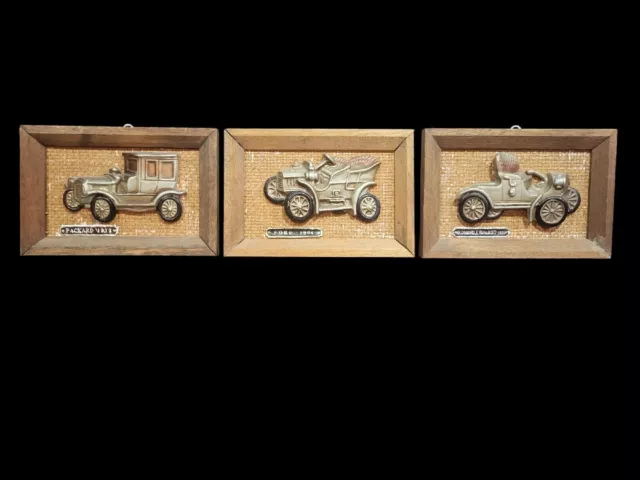 3 Vintage Classic Car Wood Wall Plaques 1912 Packard, 1904 Ford, 1901 Oldsmobile