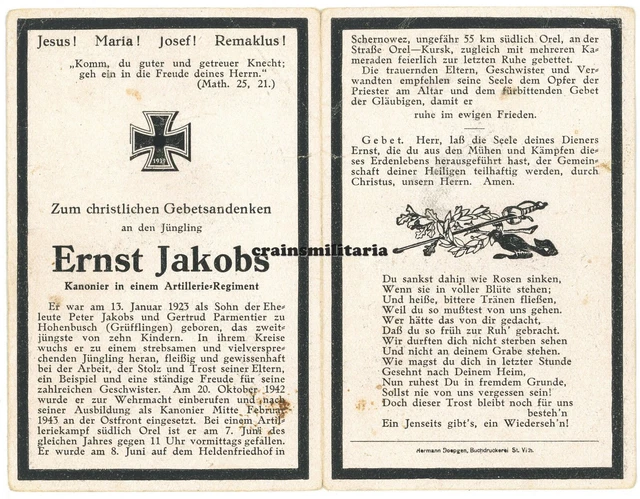Orig. Sterbebild A.R.47 Artillerie ° Belgien Sankt-Vith + Russland 1943