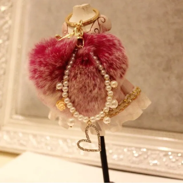 Pearl Pendant Love Heart Two Colors Rose Pink Fur Ball Key Chain Purse Charm