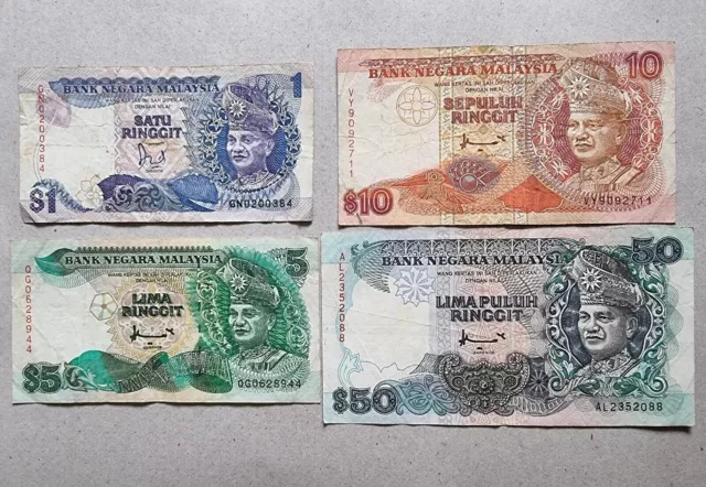 1992 - 1995 Malaysia 1, 5, 10 & 50 Ringgit Banknotes Set Of 4 Notes