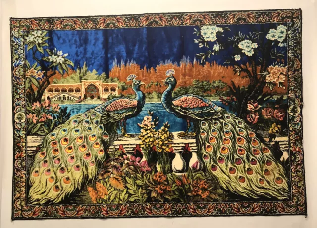 Vintage Velvet Peacocks Wall Hanging Rug Carpet Tapestry Fringe 40x58