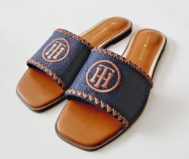 TOMMY HILFIGER women`s sandals TH Round Logo Slides size 9 9.5 10 Navy