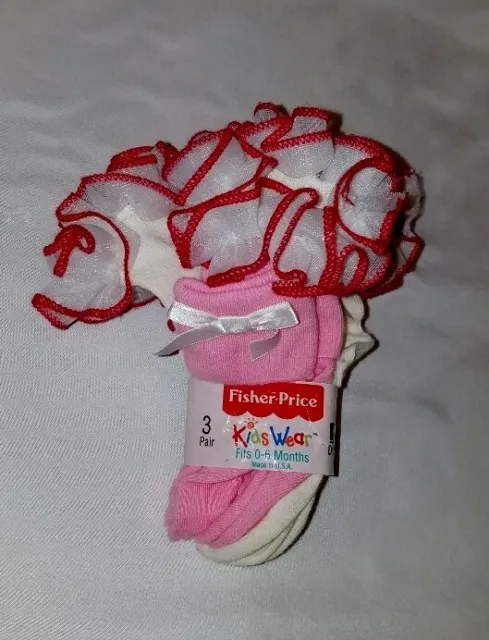 VTG 90's NEW Fisher Price 3 Pk 0-6M Baby Socks Red Rhumba Lace Ruffle Pink Crew