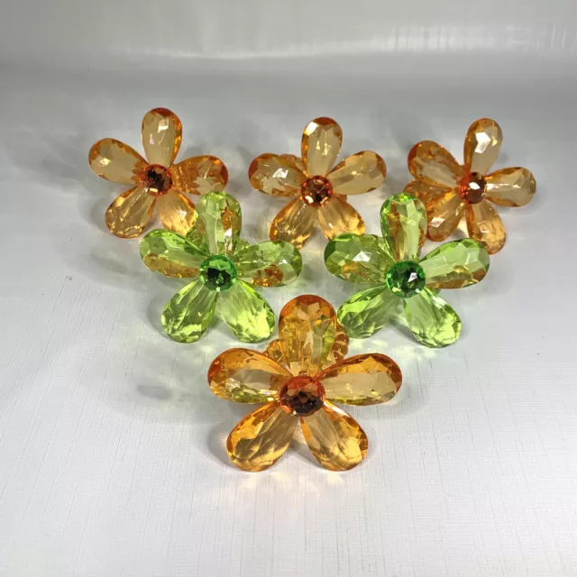 Set 6 Floral Orange Green Lucite Plastic Napkin Rings Taiwan Flower Retro Vintag