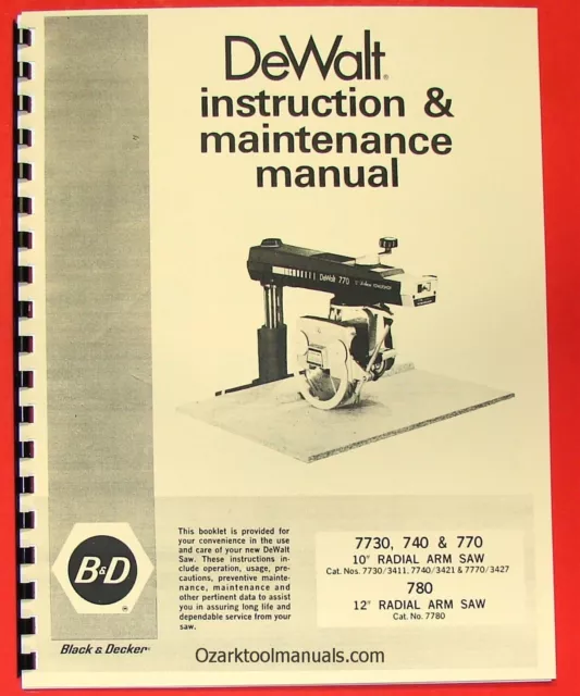 DEWALT 7780, 7770, 7740 10" & 12" Radial Arm Saw Instruction Owner Manual 0258