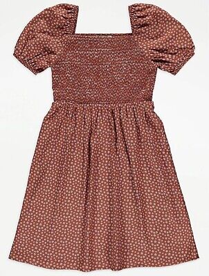 girls tan brown floral ditsy print shirred dress summer party 10-11 Yrs George