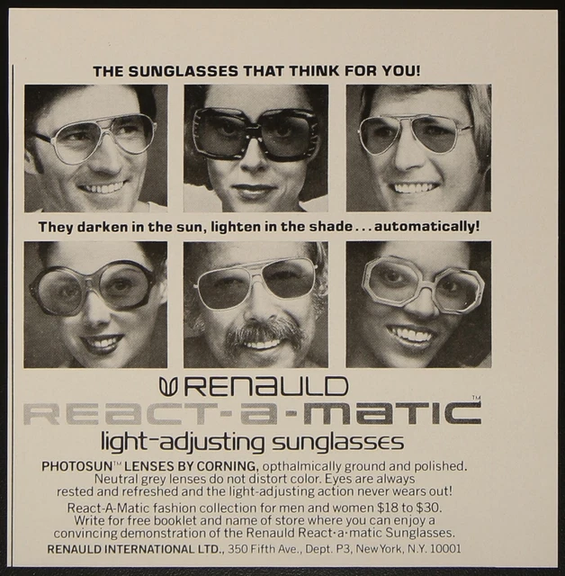Renauld React-a-matic Light Adjusting Sunglasses Photosun Vintage Print Ad 1974
