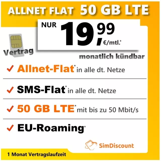 Allnet Flat Handytarif 50GB LTE Internet Sim Karte mit Vertrag monatlich kündbar