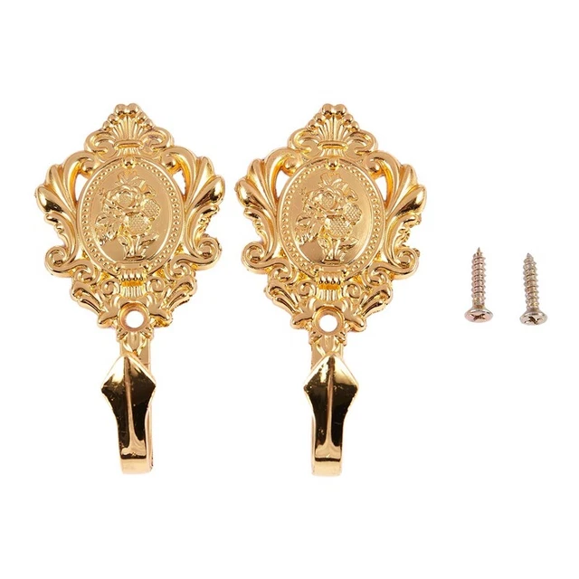 Rose Pattern Vintage Alloy Drapery Curtain Holdbacks Tieback Hooks 2Pcs (Gold)B5