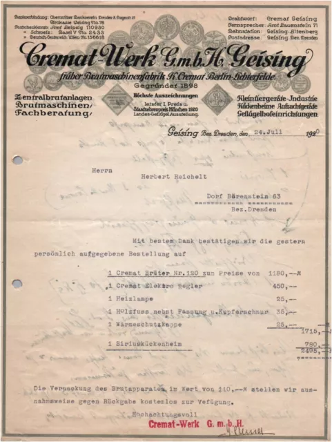 Geising Invoice Cremat Werke Brutmaschinen Agriculture 1920 Litho