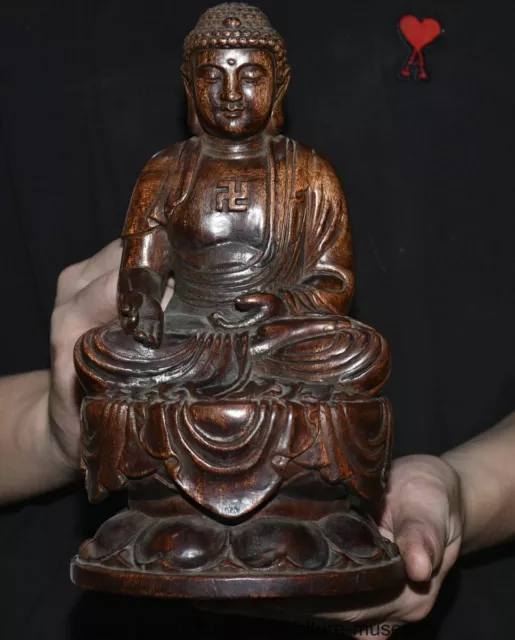 9.6” Old Chinese Huanghuali Wood Carving Sakyamuni Buddha Lotus Tai Statue