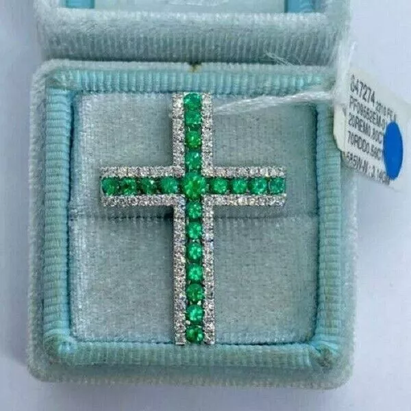 2.50CT ROUND CUT Green Emerald Cross Pendent 14K White Gold Over 18 ...