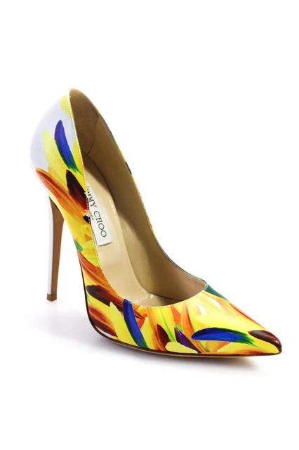 Jimmy Choo Womens Pointed Toe Abstract Leather High Heel Pumps White Size 9.5