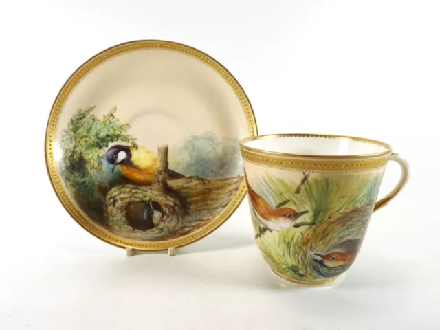 Antique Royal Worcester Cup & Saucer / Hand Painted Birds / Dated 1876 R 2079/6