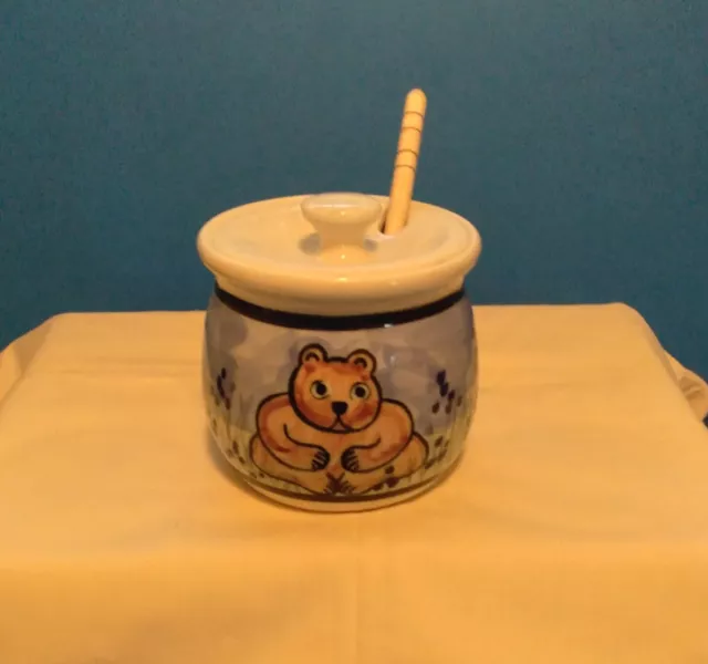 Hand Painted Bear Honey Pot Condiment Mustard Jam Jar with Dipper