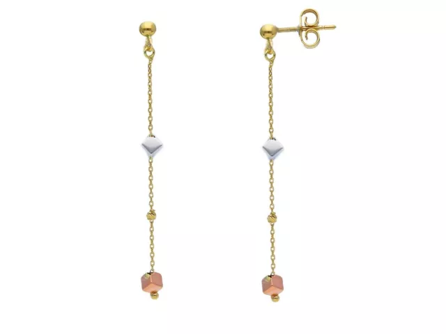 Orecchini Pendenti Oro Giallo, Bianco E Rosa 18K, Con Cubi 3 Mm, Lunghezza 50 Mm