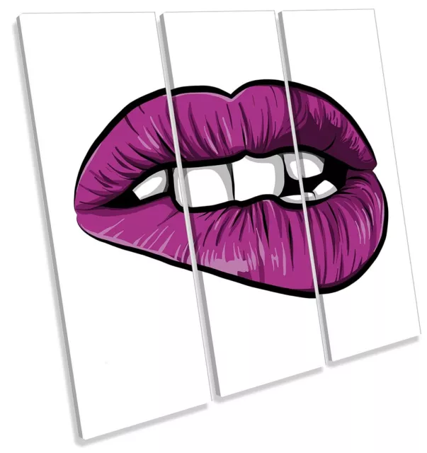 Sexy Lips Bite Fashion Print TREBLE CANVAS WALL ART Square Picture Pink