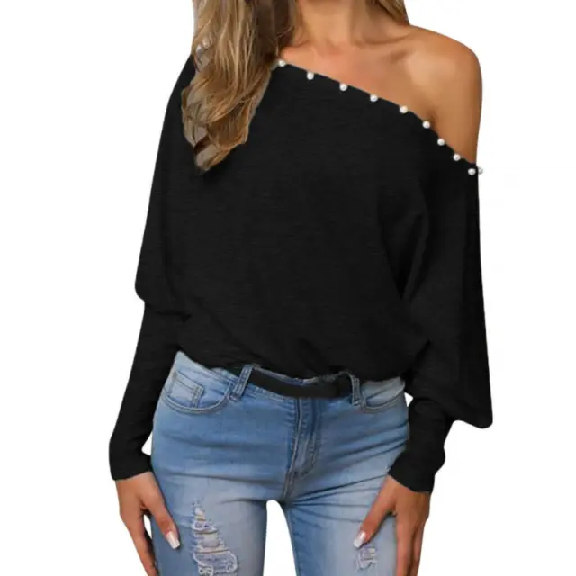 Womens Pullover Off Shoulder Boat Neck Loose Batwing Long Sleeve Blouse Jumper