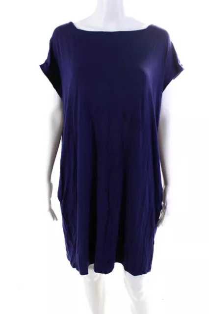 Eileen Fisher Womens Boat Neck Short Sleeved Pocket Shirt Dress Purple Size M