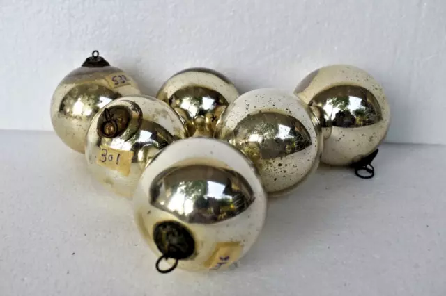 Antique German Kugel Christmas Day Ornaments Glass Ball Mercury Silver 6p Lot"19