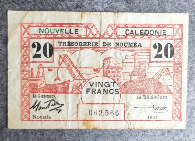 Rare Nouvelle-Calédonie billet de 20 Francs rouge Trésorerie de Nouméa  1943