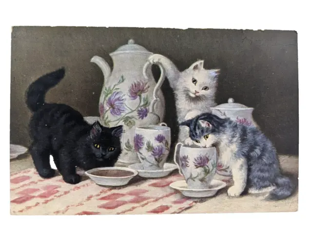 Vintage Black Cat(s) Drinking Tea - Unposted Germany Postcard Early 1900's Kitty