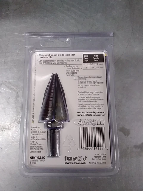 Klein Tools KTSB11 Double Fluted Step Drill Bit #11,  7/8” - 1-1/8”- NEW/SEALED 2