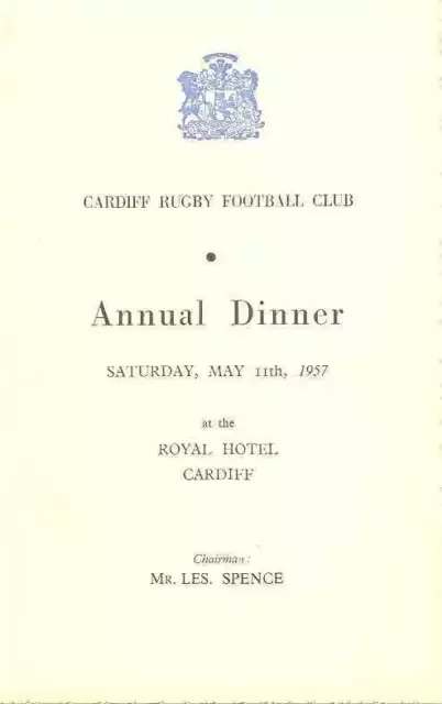 CARDIFF RFC ANNUAL DINNER 11 May 1957 RUGBY DINNER MENU CARD