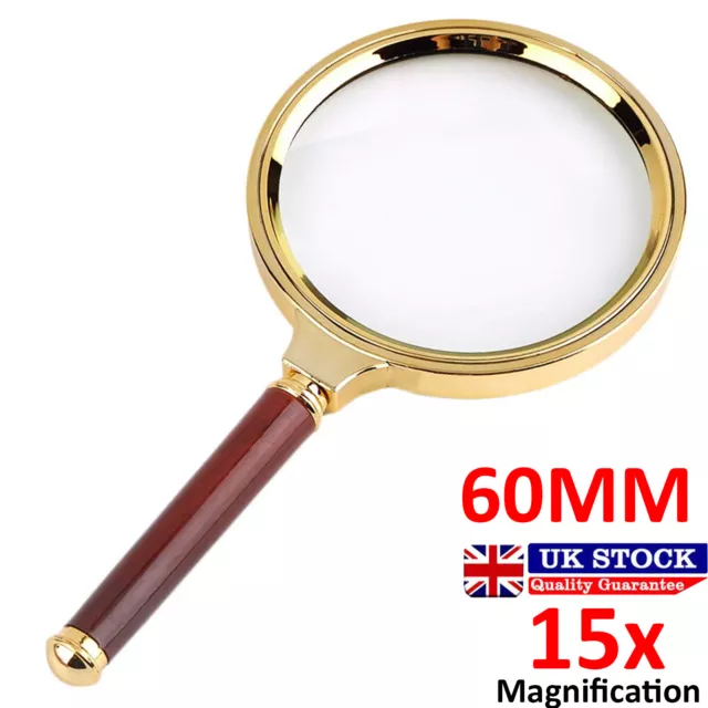 60mm Handheld Magnifying Glass 15x Magnifier Loupe Reading Jewelry Aid Big Large