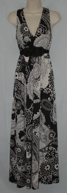 Embellished Black Paisley Sz Medium Sleeveless Stretchy Jersey Knit Maxi Dress